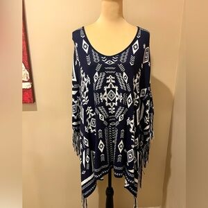 H&M Divided Navy and White Native Design Fringe Poncho, size Small